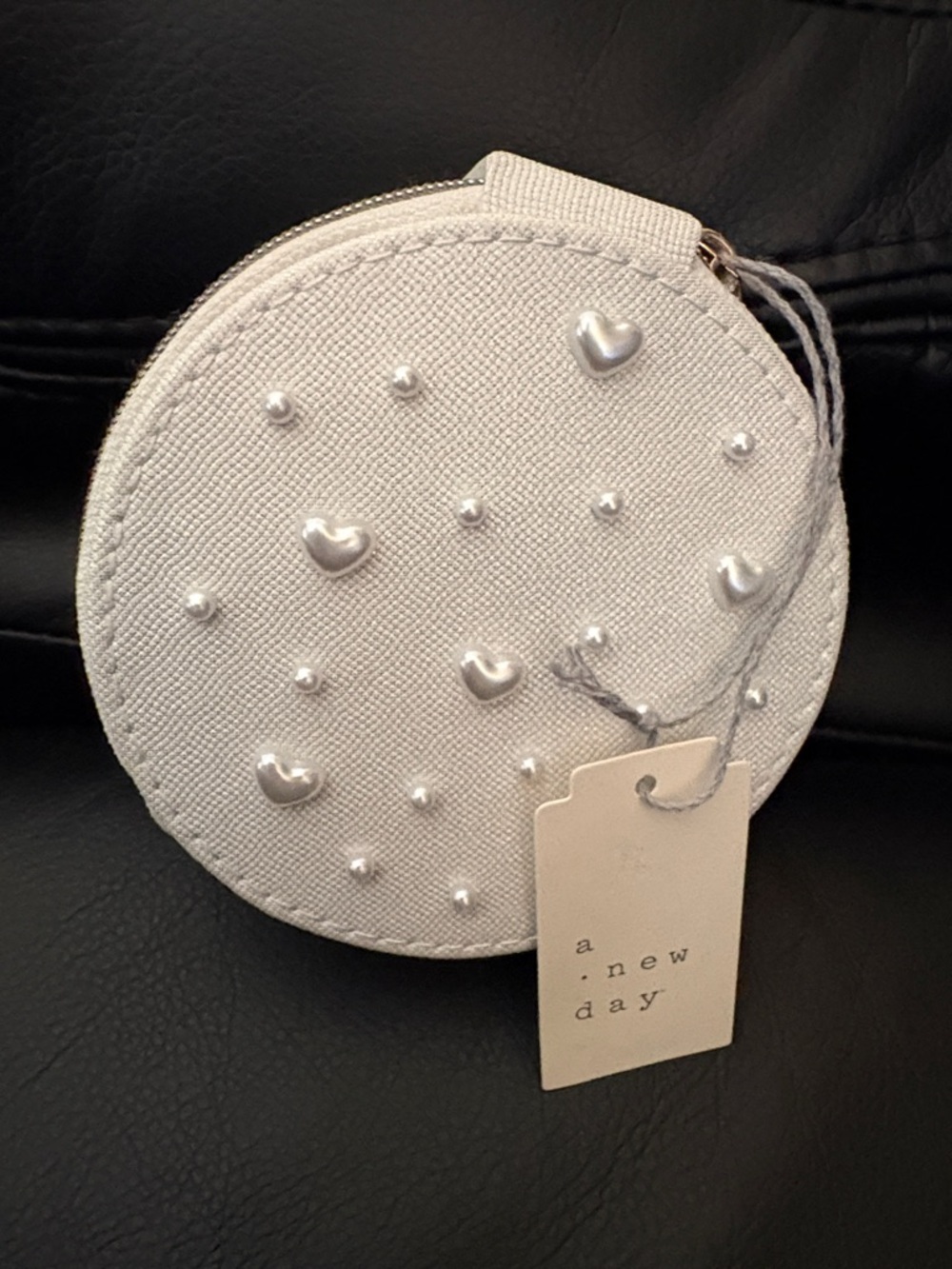 a new day Cream Round Mini Coin Purse with Pearl Heart Studs